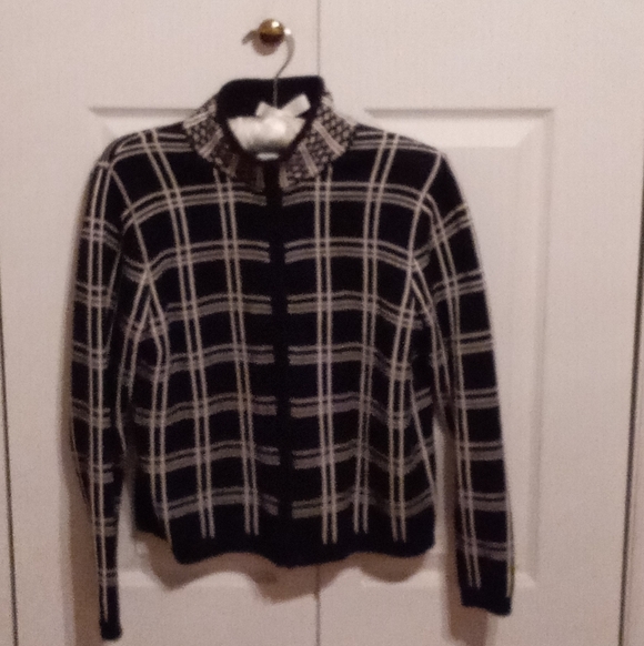 Talbots Sweaters - Vintage Talbots Petites Windowpane Check Cotton Zip-Front Cardigan